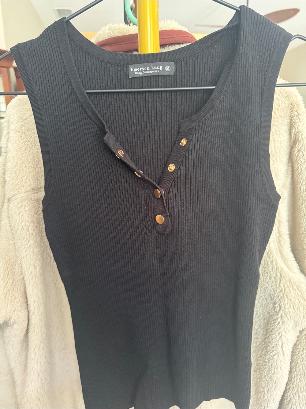 Emerson Lang Black Ribbed Button Tank Top